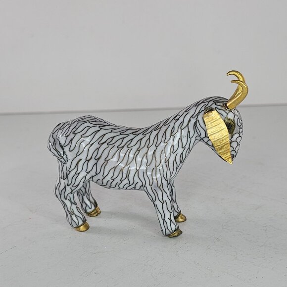 VIntage Cloisonne Enamel Copper Brass Standing Horned Goat Figurine White Gold - Picture 7 of 8